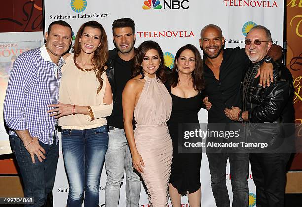 Alan Tacher, Cristina Bernal, Jencarlos Canela, Eva Longoria, Gloria Estefan, Amaury Nolasco and Emilio Estefan are seen at the 'Telenovela' Miami...