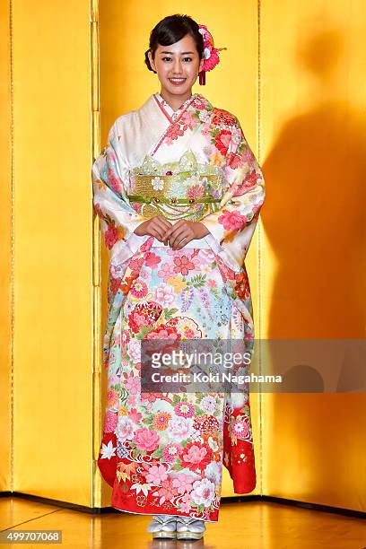 Actress Karen Miyazaki attends the New Year's Kimono photocall for Oscar Promotion on December 3, 2015 in Tokyo, Japan.