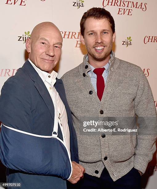 Actors Patrick Stewart and Jon Heder attend the premiere of "Christmas Eve" at ArcLight Hollywood on December 2, 2015 in Hollywood, California.