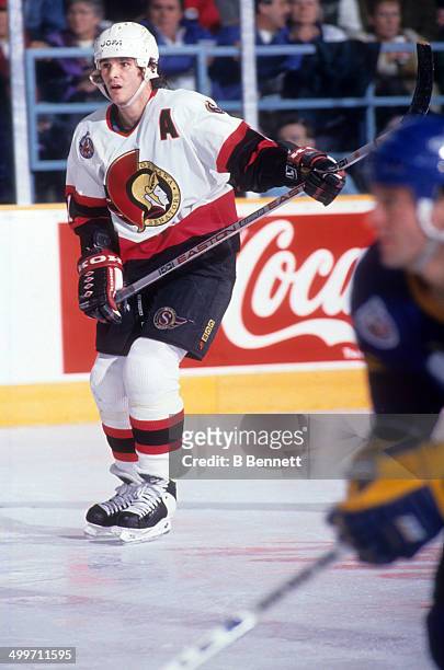 Sylvain Turgeon of the Ottawa Senators skates on the ice during an NHL game against the St. Louis Blues on January 26, 1993 at the St. Louis Arena in...
