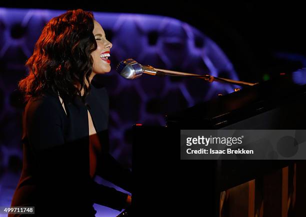 Alicia Keys performs during "Sinatra 100: An All-Star GRAMMY Concert" celebrating the late Frank Sinatra's 100th birthday at the Encore Theater at...