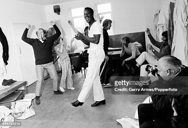 Worcestershire players Norman Gifford and Vanburn Holder having fun in the dressing-room during the County Championship match against Essex at...