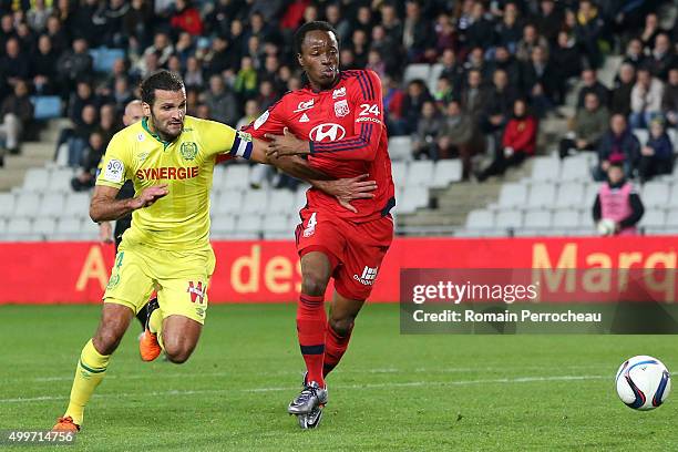 Bakary Kone of Olympique Lyonnais and Oswaldo Vizcarrondo for Nantes FC battle for the ball during the French Ligue 1 game between Nantes FC and...