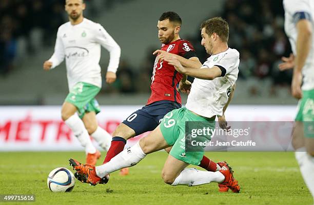 Marvin Martin of Lille and Francois Clerc of Saint-Etienne in action during the French Ligue 1 match between Lille OSC and AS Saint-Etienne at Stade...