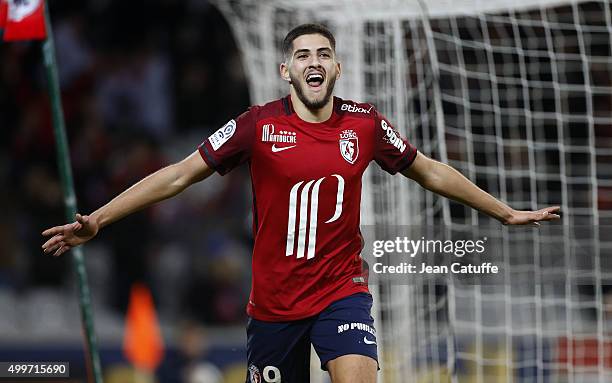 Yassine Benzia of Lille celebrates his goal during the French Ligue 1 match between Lille OSC and AS Saint-Etienne at Stade Pierre Mauroy on December...