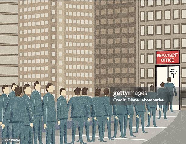 retro businessmen waiting in line at the unemployment office - queue of people stock illustrations