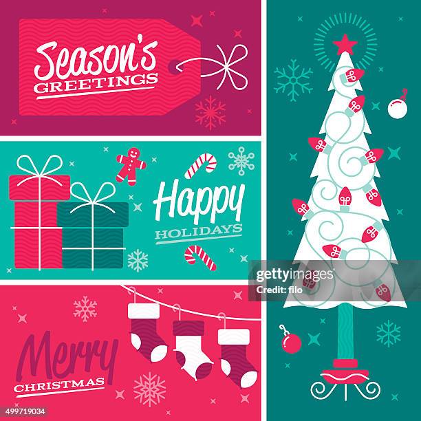 ilustrações, clipart, desenhos animados e ícones de feliz natal e um feliz natal banners de design da estação - bengalinha doce