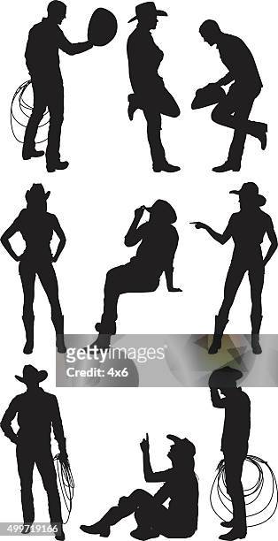 illustrazioni stock, clip art, cartoni animati e icone di tendenza di cowboy e una cowgirl in diverse azioni - cowboy sillouette