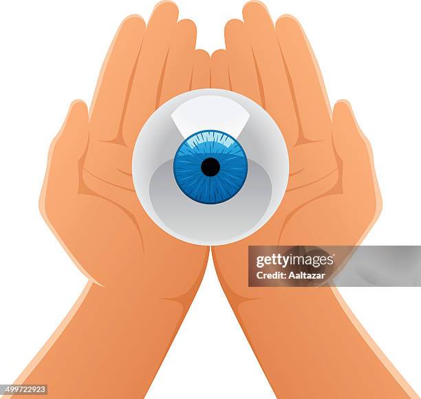 hände holding eye - comic augen stock-grafiken, -clipart, -cartoons und -symbole