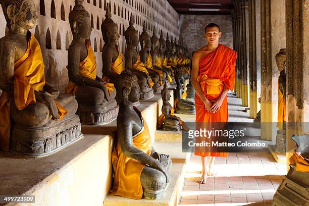 buddhist monk inside temple, vientiane, laos - laos vientiane stock-fotos und bilder