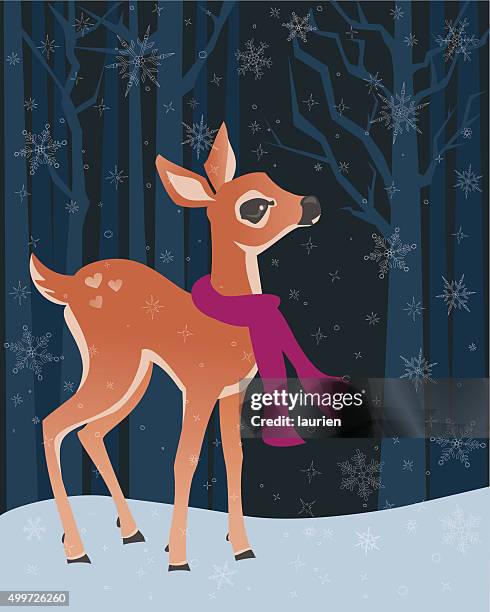 cute fawn standing in snow watching snowflakes - cute deer stock illustrations