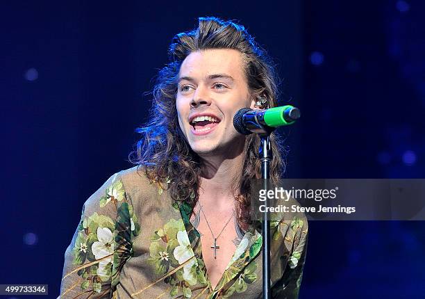 Harry Styles of One Direction performs at the 99.7 NOW! Triple Ho Show at SAP Center on December 2, 2015 in San Jose, California.