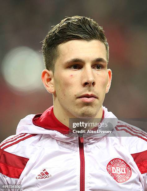 Pierre Hojbjerg of Denmark stands for the national anthem prior to the UEFA EURO 2016 Qualifier Play-Off Second Leg match between Denmark and Sweden...