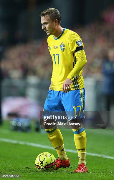 Pierre Bengtsson of Sweden controls the ball during the UEFA EURO 2016 Qualifier Play-Off Second Leg match between Denmark and Sweden at Parken...