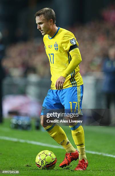 Pierre Bengtsson of Sweden controls the ball during the UEFA EURO 2016 Qualifier Play-Off Second Leg match between Denmark and Sweden at Parken...