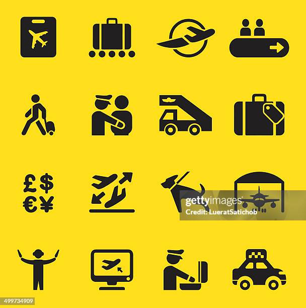 stockillustraties, clipart, cartoons en iconen met airport yellow silhouette icons | eps10 - bedrijfsvliegtuig