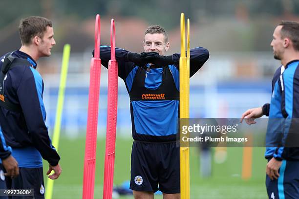 Jamie Vardy during the Leicester City training session at Belvoir Drive Training Complex on December 3, 2015 in Leicester, United Kingdom.