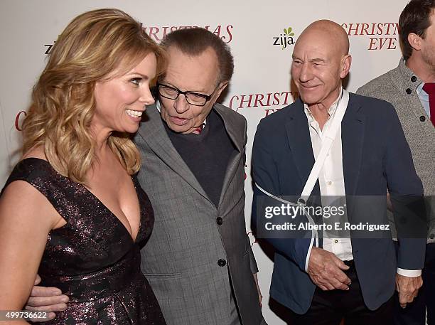 Actress Cheryl Hines, producer Larry King and actor Patrick Stewart attend the premiere of "Christmas Eve" at ArcLight Hollywood on December 2, 2015...