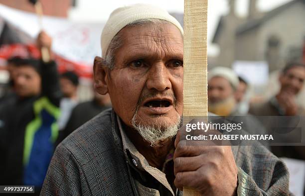 Physically challenged man shouts anti-government slogans in Srinagar on December 3 held to mark International Day of People with Disability. The...
