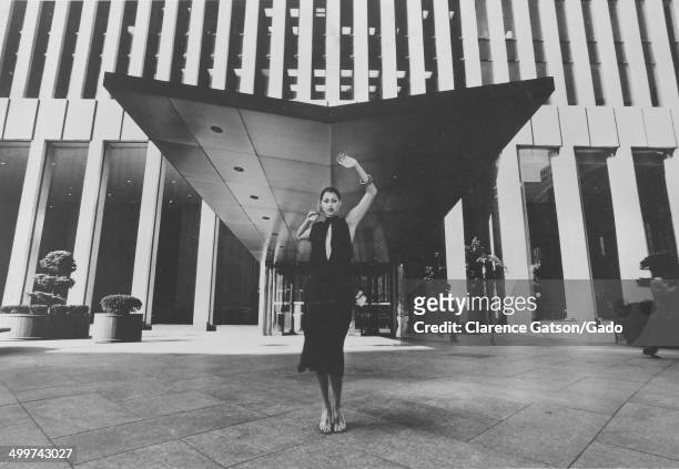 American singer Phyllis Hyman posing at the courtyard of a modern building, San Francisco, California, 1975.