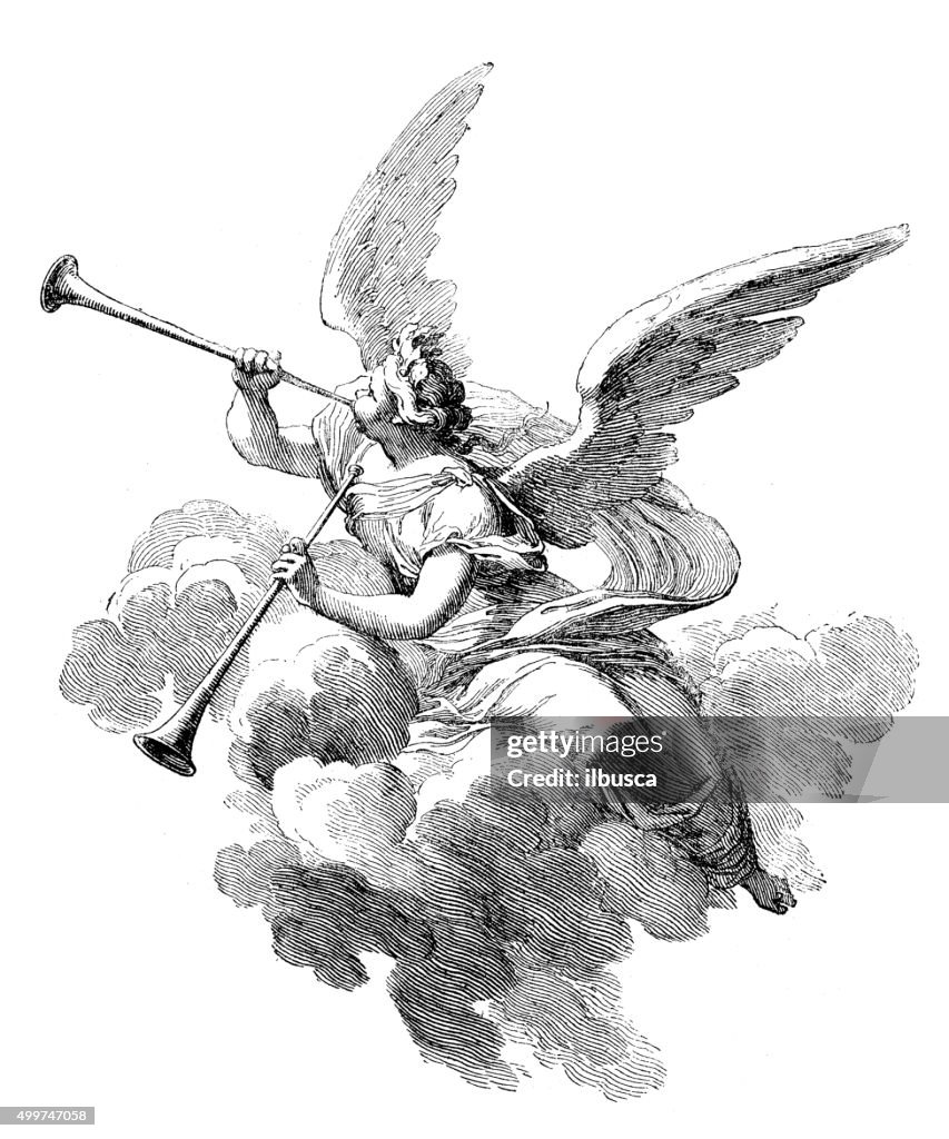 Antique illustration of angel playing trumpets