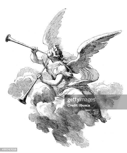 stockillustraties, clipart, cartoons en iconen met antique illustration of angel playing  trumpets - engraving