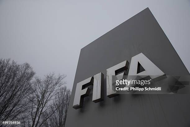 General view of the FIFA logo outside the FIFA headquarters on December 3, 2015 in Zurich, Switzerland.