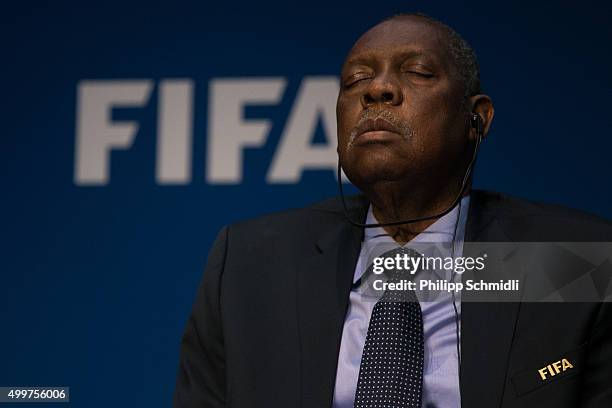 Acting FIFA President Issa Hayatou attends a FIFA Executive Committee Meeting Press Conference at the FIFA headquarters on December 3, 2015 in...