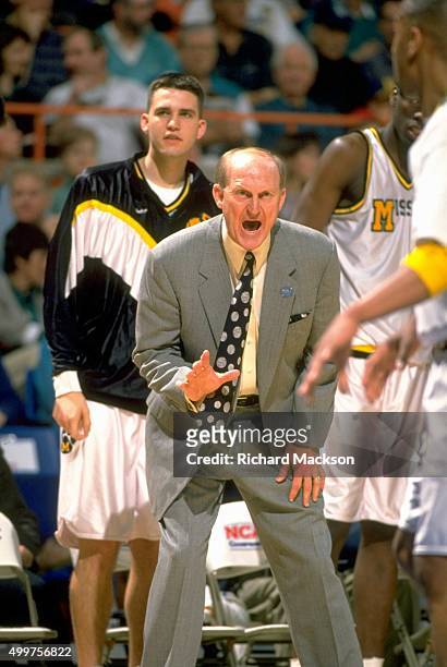 Playoffs: Missouri coach Norm Stewart looking upset on sidelines during game vs Indiana at BSU Pavilion. Boise, ID 3/17/1995 CREDIT: Richard Mackson
