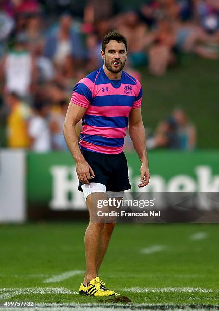 Former Scottish International Rugby player, Thom Evans looks on during day one of the HSBC Sevens World Series at The Sevens Stadium on December 3,...