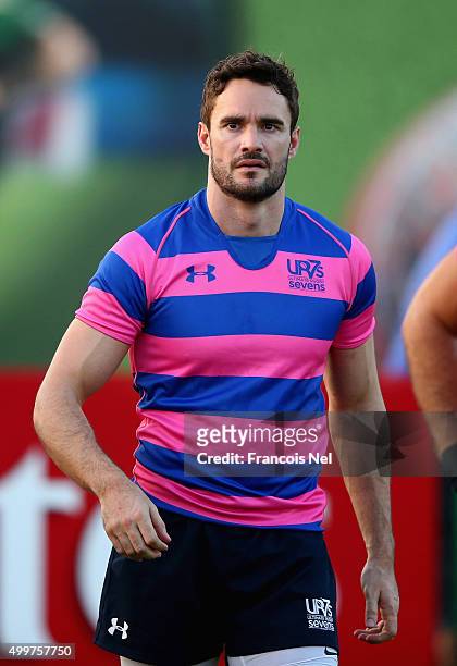 Former Scottish International Rugby player, Thom Evans looks on during day one of the HSBC Sevens World Series at The Sevens Stadium on December 3,...