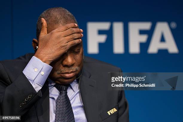 Acting FIFA President Issa Hayatou attends a FIFA Executive Committee Meeting Press Conference at the FIFA headquarters on December 3, 2015 in...