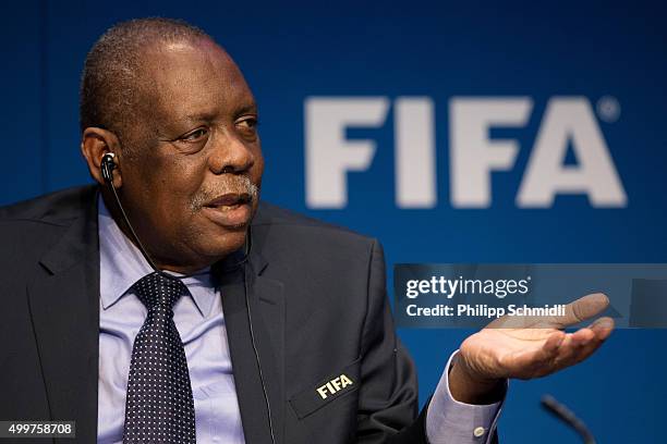 Acting FIFA President Issa Hayatou attends a FIFA Executive Committee Meeting Press Conference at the FIFA headquarters on December 3, 2015 in...