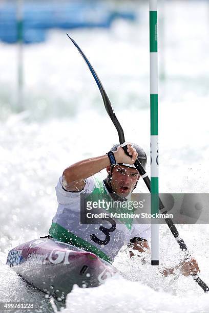 Lucien Delfour of Australia competes during the Men's Kayak Single Slalom - Aquece Rio Test Event for the Rio 2016 Olympics at Deodoro Olympic Park...