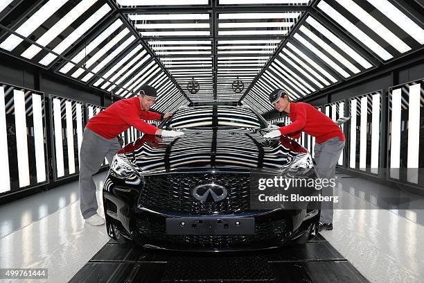 Employees perform a quality inspection on an Infiniti Q30 automobile on the production line at the Nissan Motor Co. Production plant in this arranged...