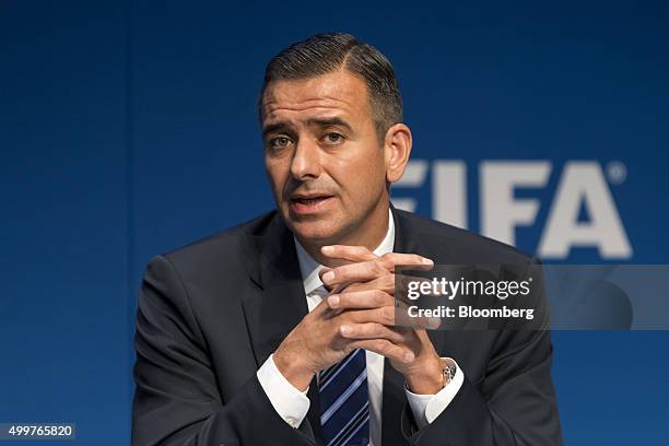 Markus Kattner, interim secretary general of FIFA, speaks during a news conference following an executive committee meeting in Zurich, Switzerland,...