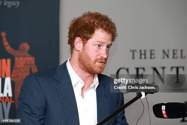 Prince Harry gives a speech at the Nelson Mandela Foundation Centre of Memory on December 3, 2015 in Johannesburg, South Africa. Prince Harry is...