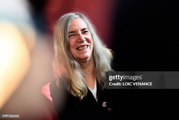 Singer Patti Smith gives an interview on December 3, 2015 in Paris, within the United Nations conference on climate change , or COP21.