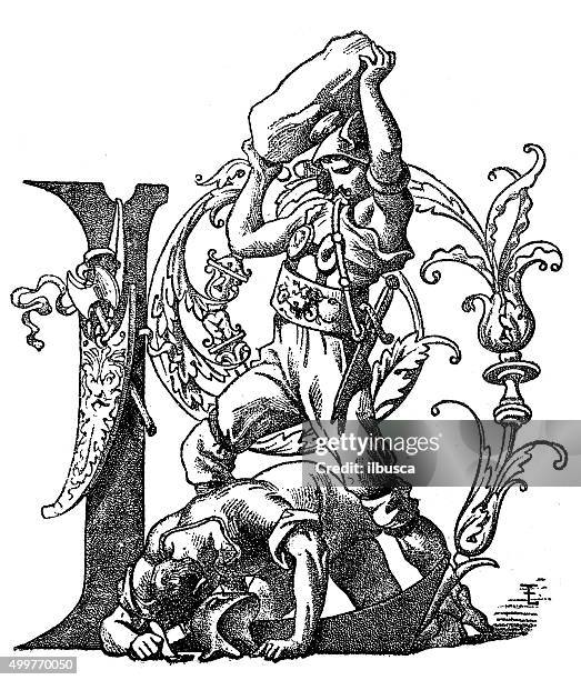 antique illustration of personified letter l, with two men fighting - rock font stock illustrations