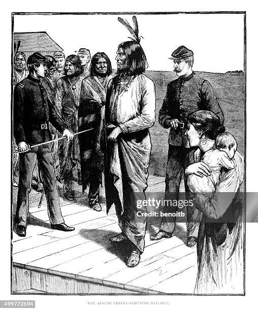 stockillustraties, clipart, cartoons en iconen met apache chiefs geronimo and natchez - noord amerikaans indiaanse etniciteit