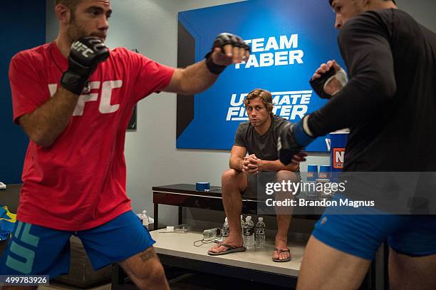 Head coach Urijah Faber watches as Julian Erosa warms up before facing Abner Lloveras during the filming of The Ultimate Fighter: Team McGregor vs...