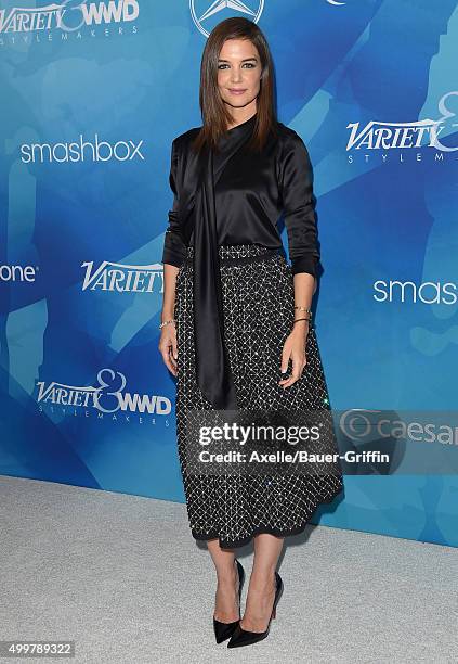 Actress Katie Holmes arrives at the WWD And Variety Inaugural Stylemakers' Event at Smashbox Studios on November 19, 2015 in Culver City, California.