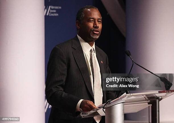 Republican presidential candidate Ben Carson addresses the Republican Jewish Coalition at the Ronald Reagan Building and International Trade Center...
