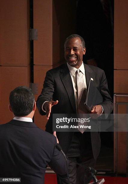 Republican presidential candidate Ben Carson is introduced at the Republican Jewish Coalition at the Ronald Reagan Building and International Trade...