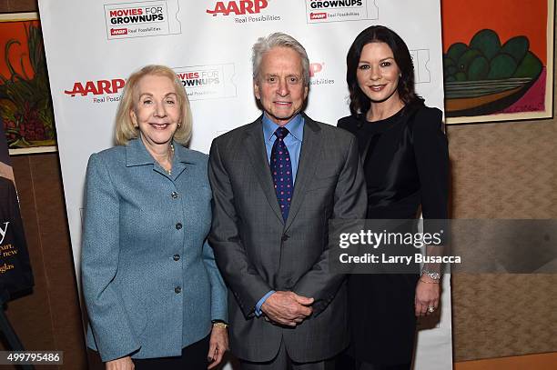 Myrna Blyth, Michael Douglas and Catherine Zeta Jones attend the AARP Movies for Grownups Gala Countdown Lunch with actor/producer Michael Douglas,...