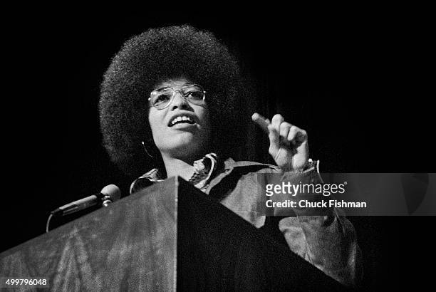 American political activist and scholar Angela Davis speaks at Northern Illinois University, DeKalb, Illinois, 1972. She had recently been released...