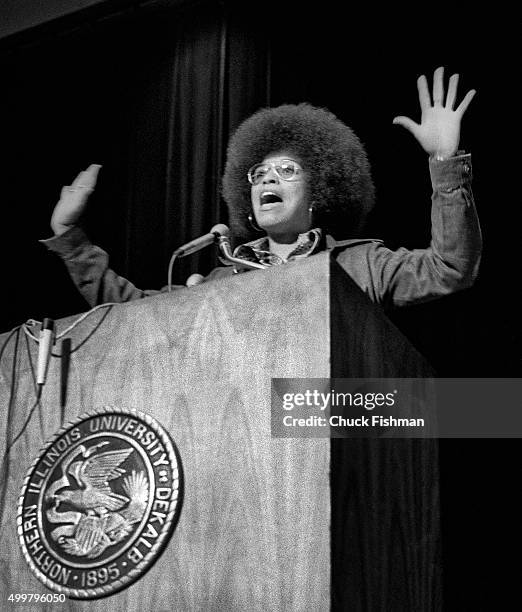 Shortly after her release from jail, American political activist and scholar Angela Davis speaks at Northern Illinois University, DeKalb, Illinois,...