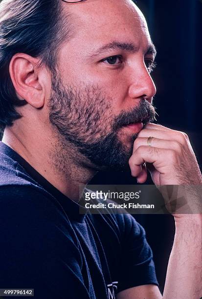 Close-up of Panamanian musician Ruben Blades during a rehearsal, New York, New York, 1987.