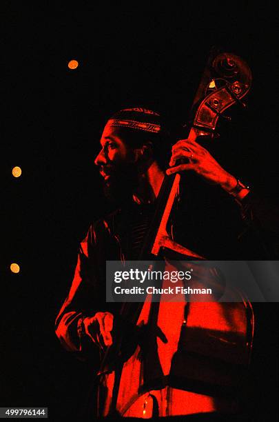 American Jazz musician Ron Carter plays upright acoustic bass at the Kool Jazz Festival , 1981.