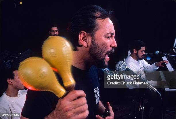 Panamanian musician Ruben Blades rehearses with his band, New York, New York, 1987.
